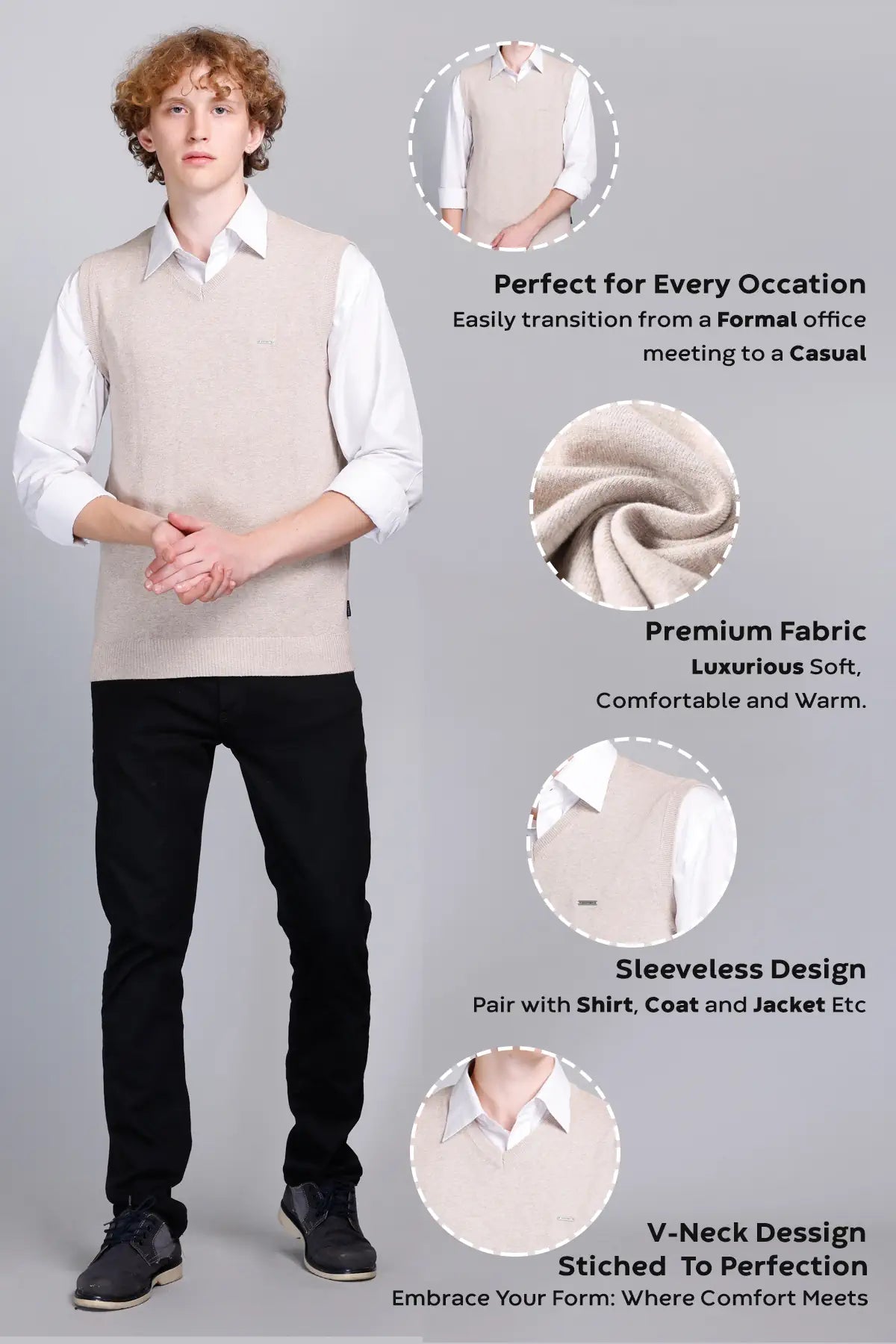 Light Fawn V-Neck Sleeveless Pullover Half Sweater