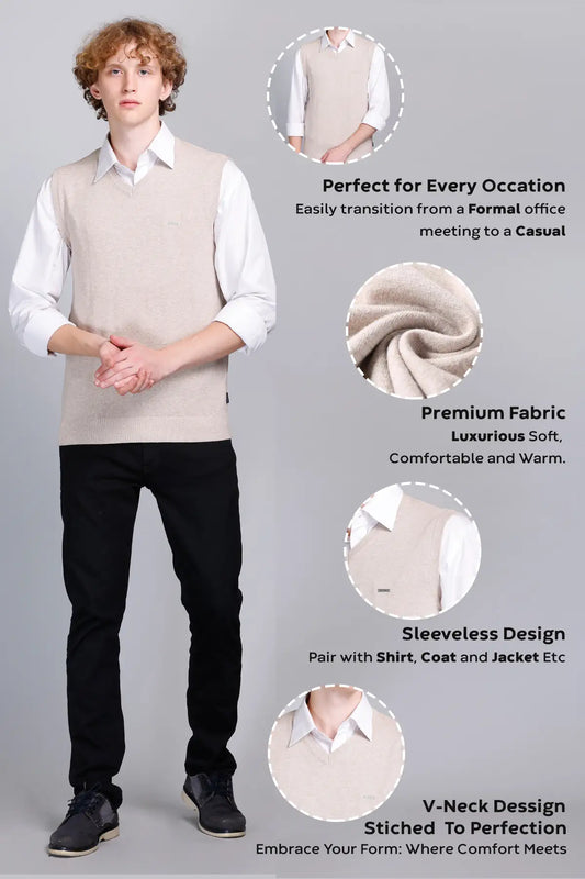Light Fawn V-Neck Sleeveless Pullover Half Sweater