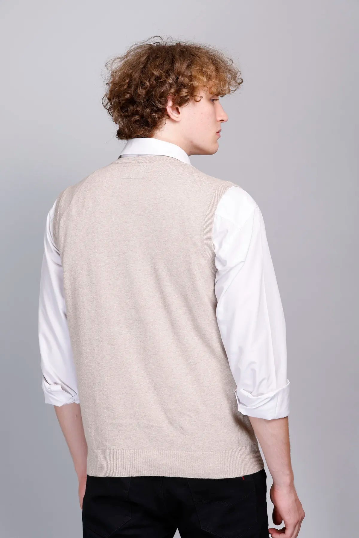 Light Fawn V-Neck Sleeveless Pullover Half Sweater