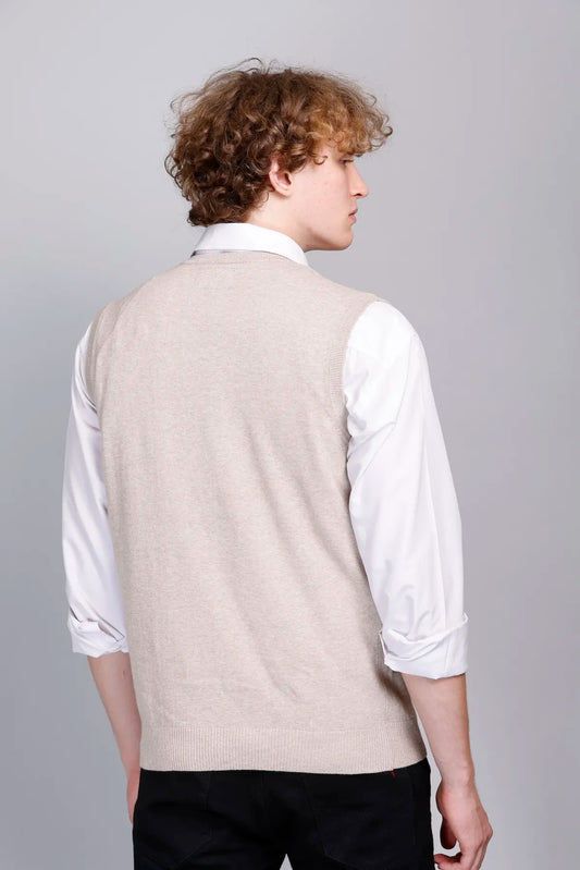 Light Fawn V-Neck Sleeveless Pullover Half Sweater
