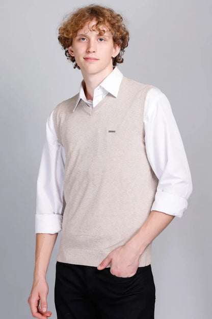Light Fawn V-Neck Sleeveless Pullover Half Sweater