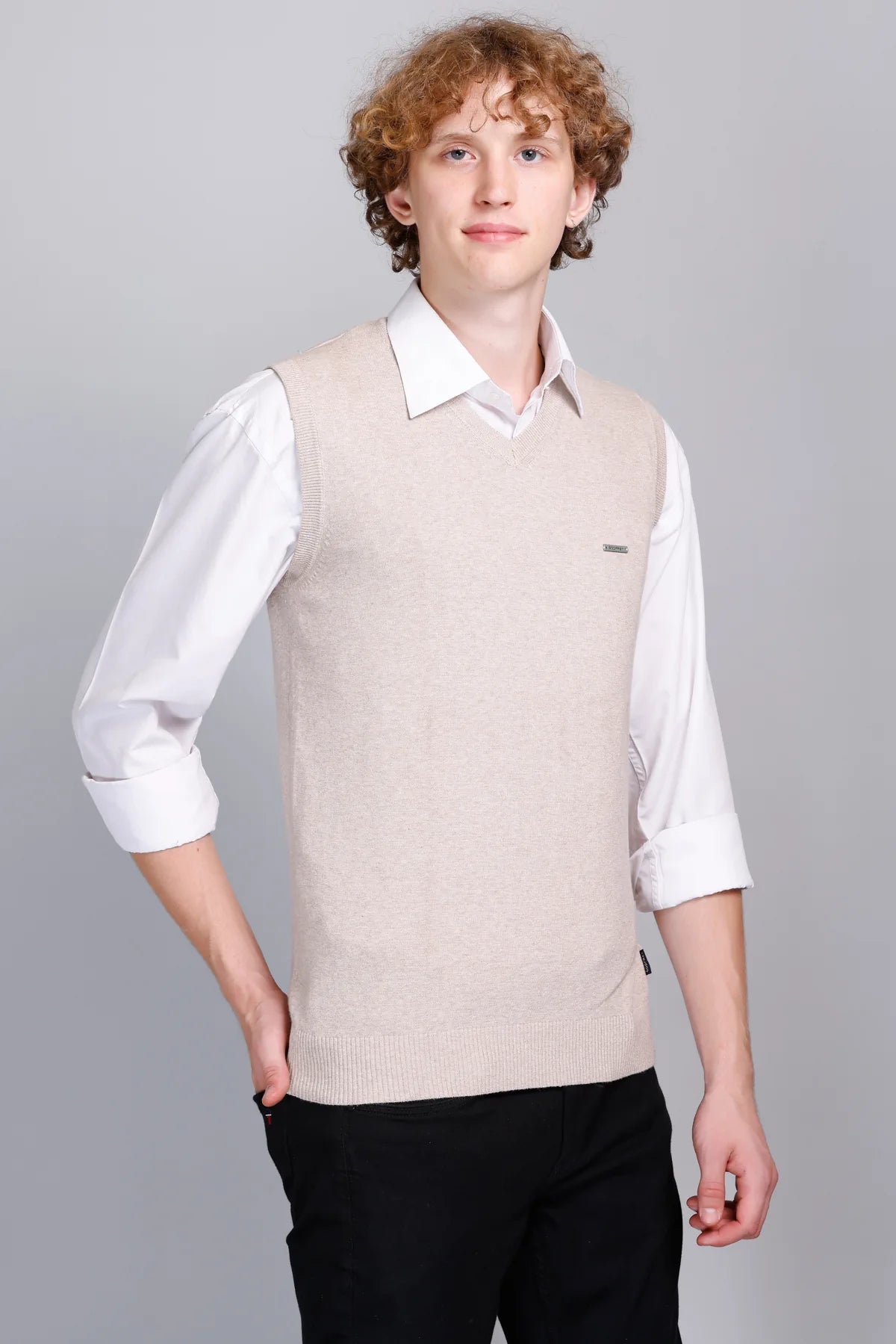 Light Fawn V-Neck Sleeveless Pullover Half Sweater