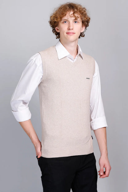 Light Fawn V-Neck Sleeveless Pullover Half Sweater