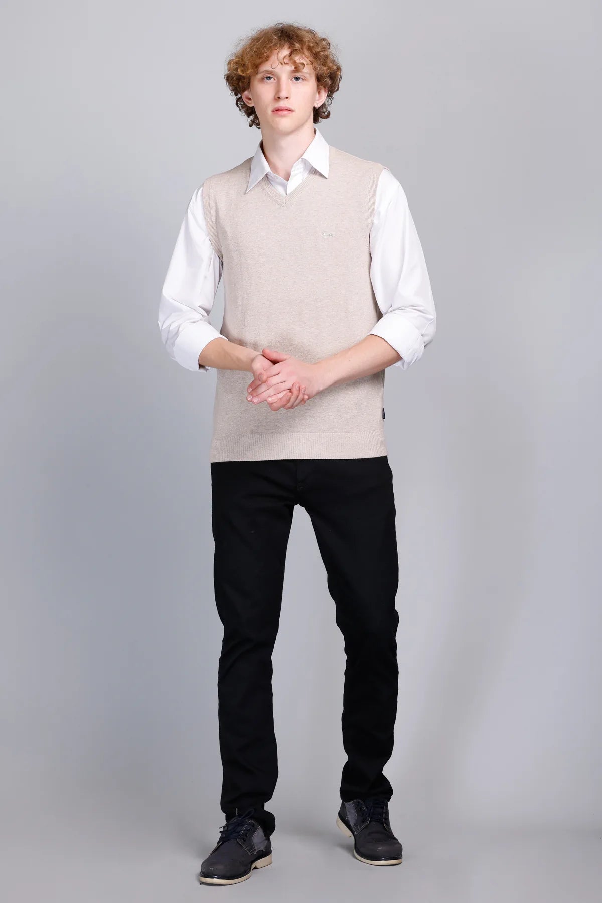 Light Fawn V-Neck Sleeveless Pullover Half Sweater