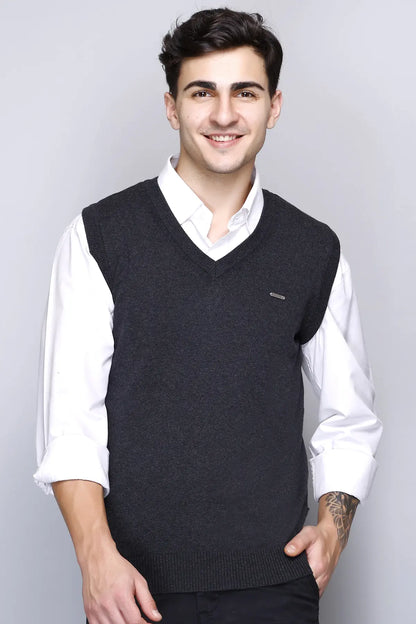 Charcoal Cotton V-Neck Sleeveless Sweater Vest Men