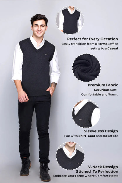 Charcoal Cotton V-Neck Sleeveless Sweater Vest Men