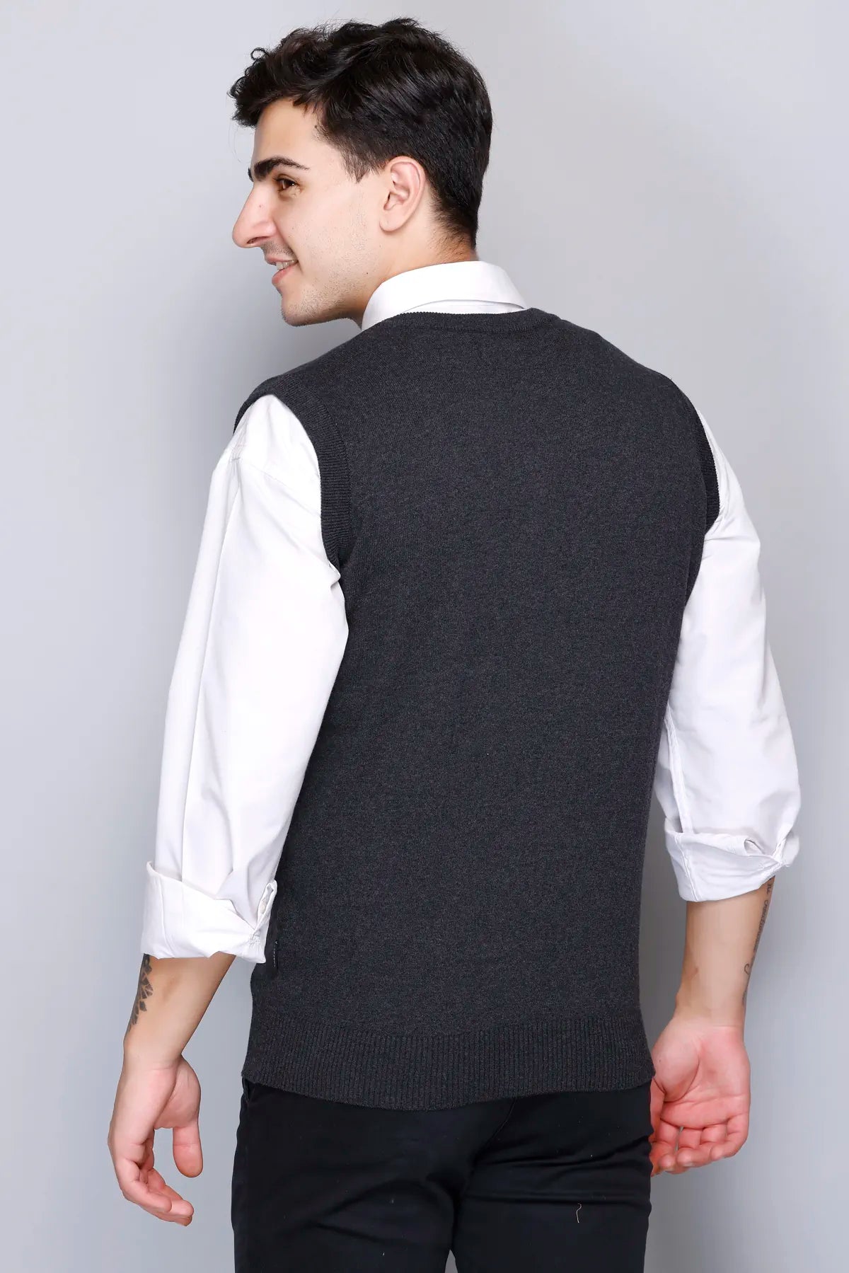 Charcoal Cotton V-Neck Sleeveless Sweater Vest Men