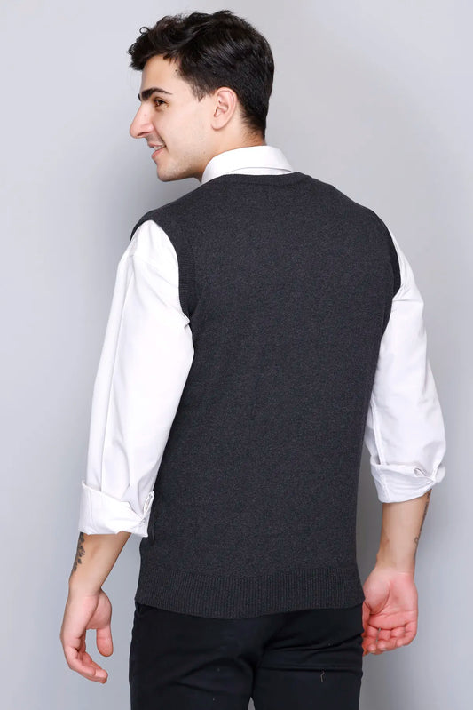 Charcoal Cotton V-Neck Sleeveless Sweater Vest Men