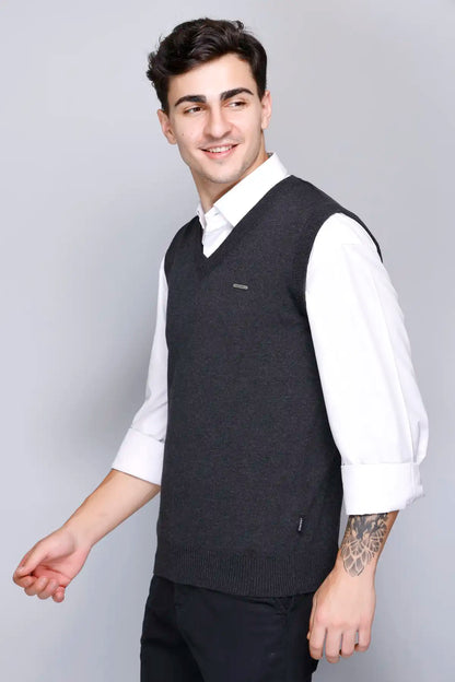 Charcoal Cotton V-Neck Sleeveless Sweater Vest Men