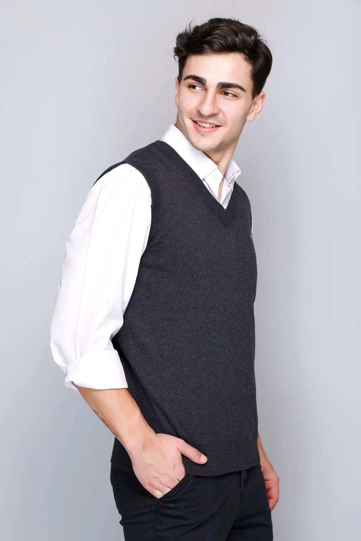 Charcoal Cotton V-Neck Sleeveless Sweater Vest Men