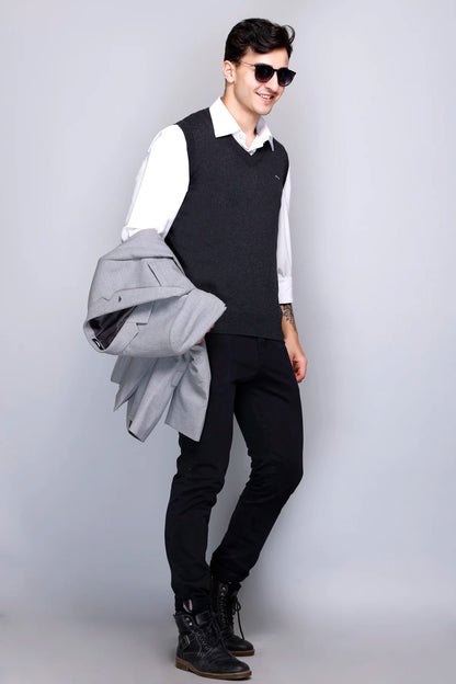 Charcoal Cotton V-Neck Sleeveless Sweater Vest Men