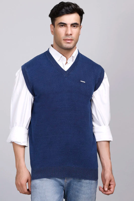 Indigo V-Neck Sleeveless Denim Sweater Vest Men