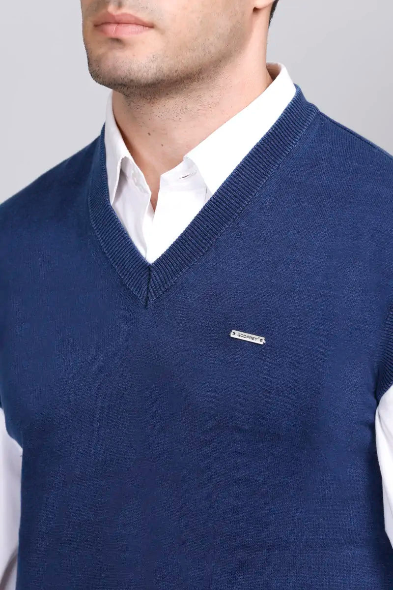 Indigo V-Neck Sleeveless Denim Sweater Vest Men