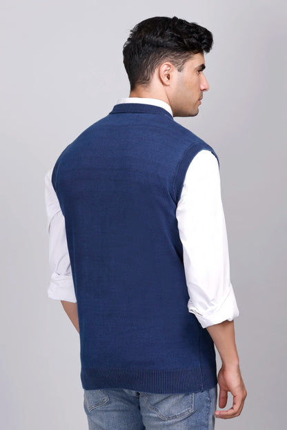 Indigo V-Neck Sleeveless Denim Sweater Vest Men