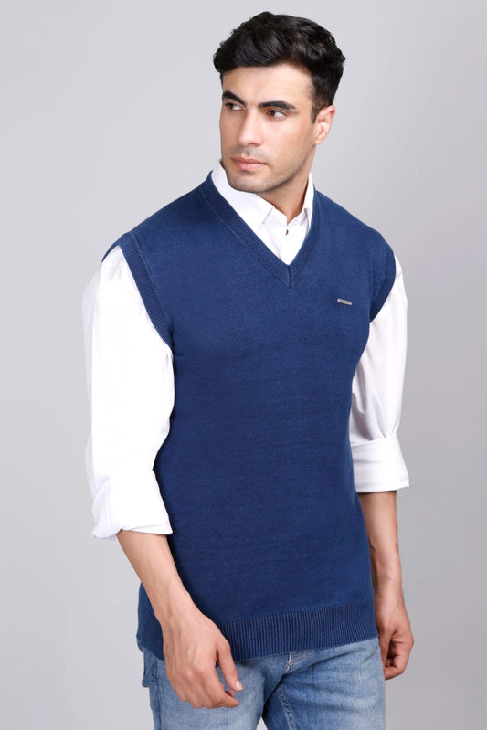 Indigo V-Neck Sleeveless Denim Sweater Vest Men