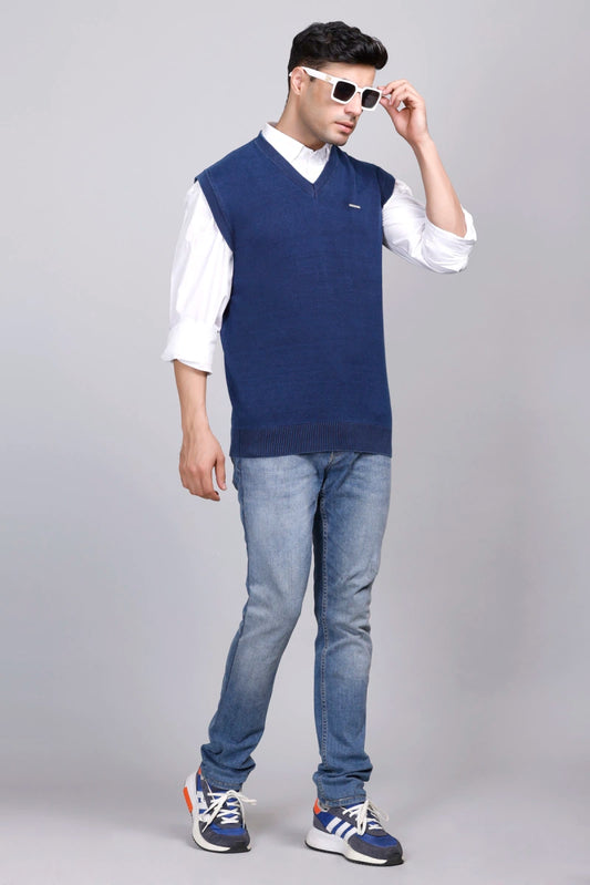 Indigo V-Neck Sleeveless Denim Sweater Vest Men