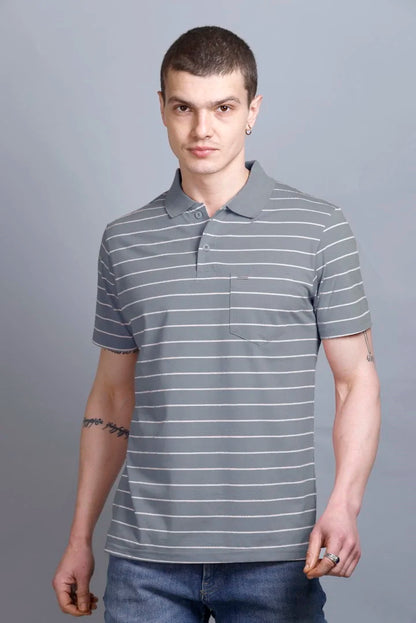 Medium Grey Striped Cotton Half Sleeve Polo T Shirts With Pocket