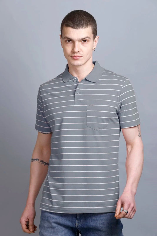 Medium Grey Striped Cotton Half Sleeve Polo T Shirts With Pocket