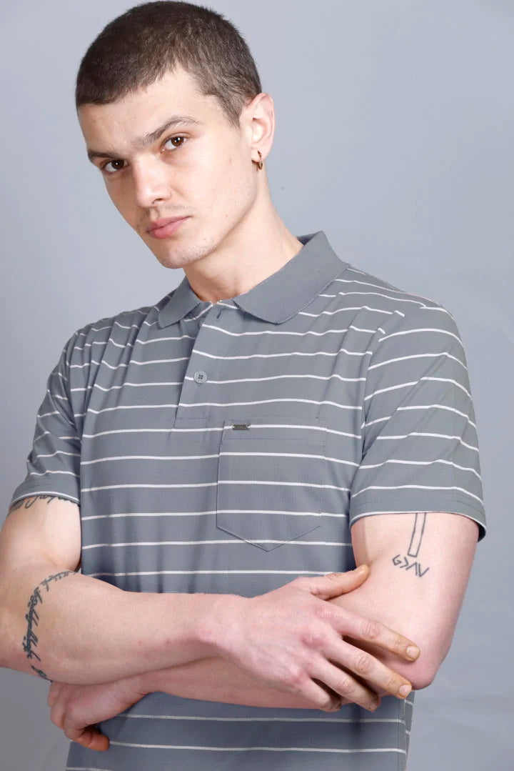 Medium Grey Striped Cotton Half Sleeve Polo T Shirts With Pocket