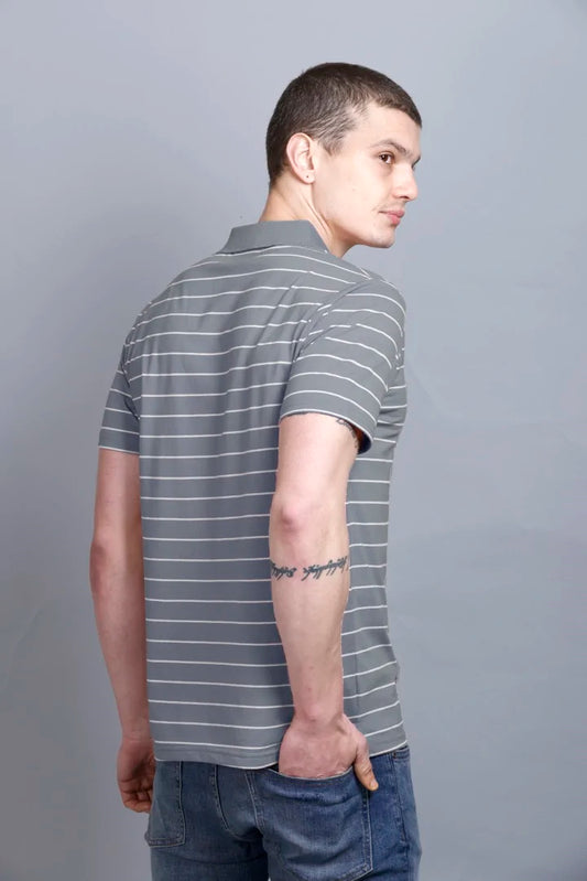 Medium Grey Striped Cotton Half Sleeve Polo T Shirts With Pocket