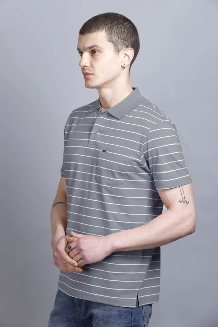Medium Grey Striped Cotton Half Sleeve Polo T Shirts With Pocket