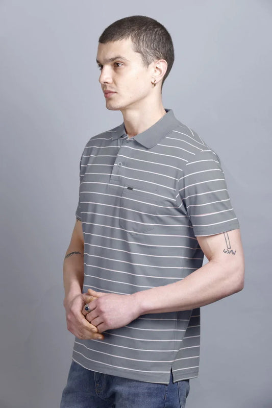 Medium Grey Striped Cotton Half Sleeve Polo T Shirts With Pocket