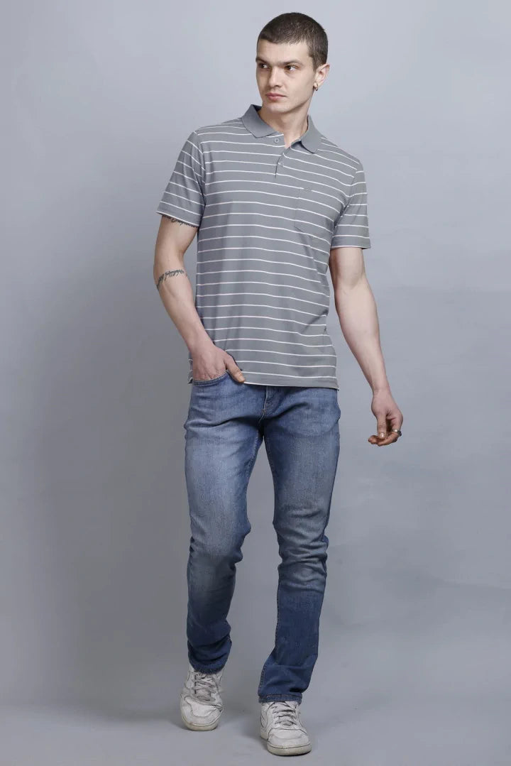 Medium Grey Striped Cotton Half Sleeve Polo T Shirts With Pocket