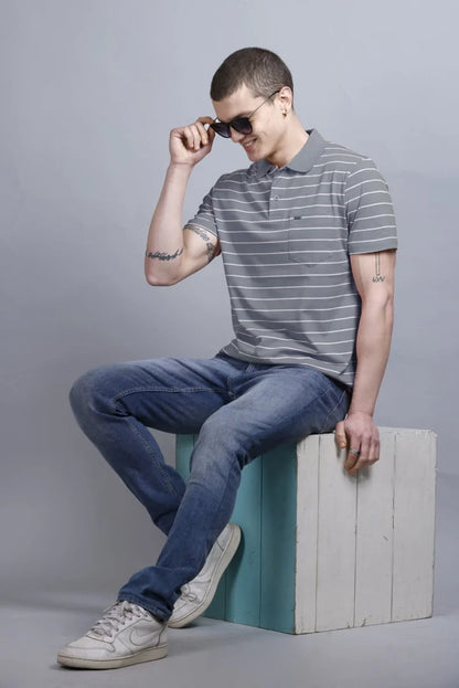 Medium Grey Striped Cotton Half Sleeve Polo T Shirts With Pocket