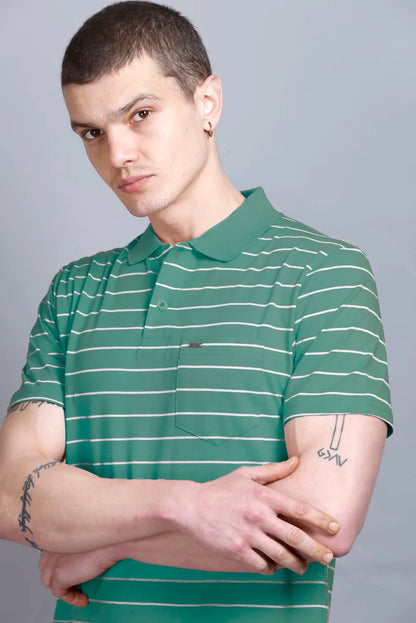Turquoise Striped Half Sleeve Polo T-Shirt With Pocket