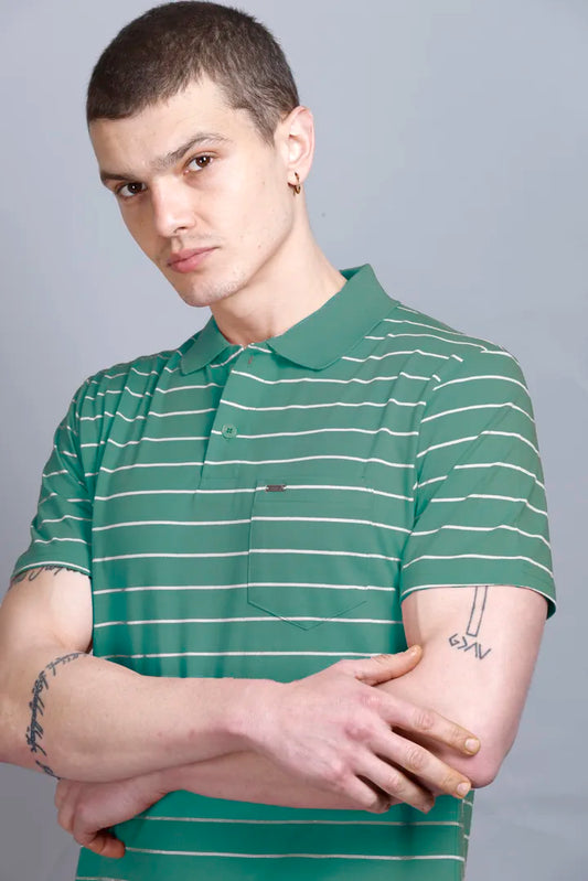 Turquoise Striped Half Sleeve Polo T-Shirt With Pocket