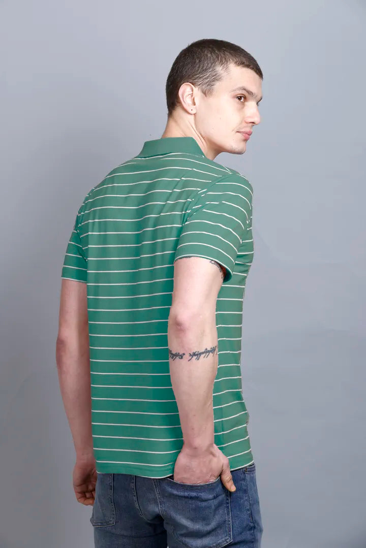 Turquoise Striped Half Sleeve Polo T-Shirt With Pocket