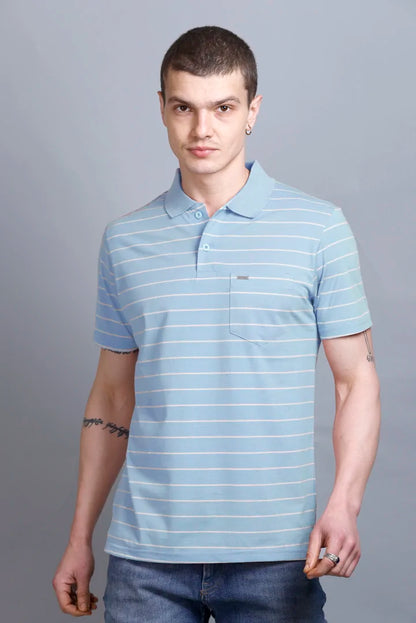 Sky Striped Men Half Tshirt Polo Neck With Pocket
