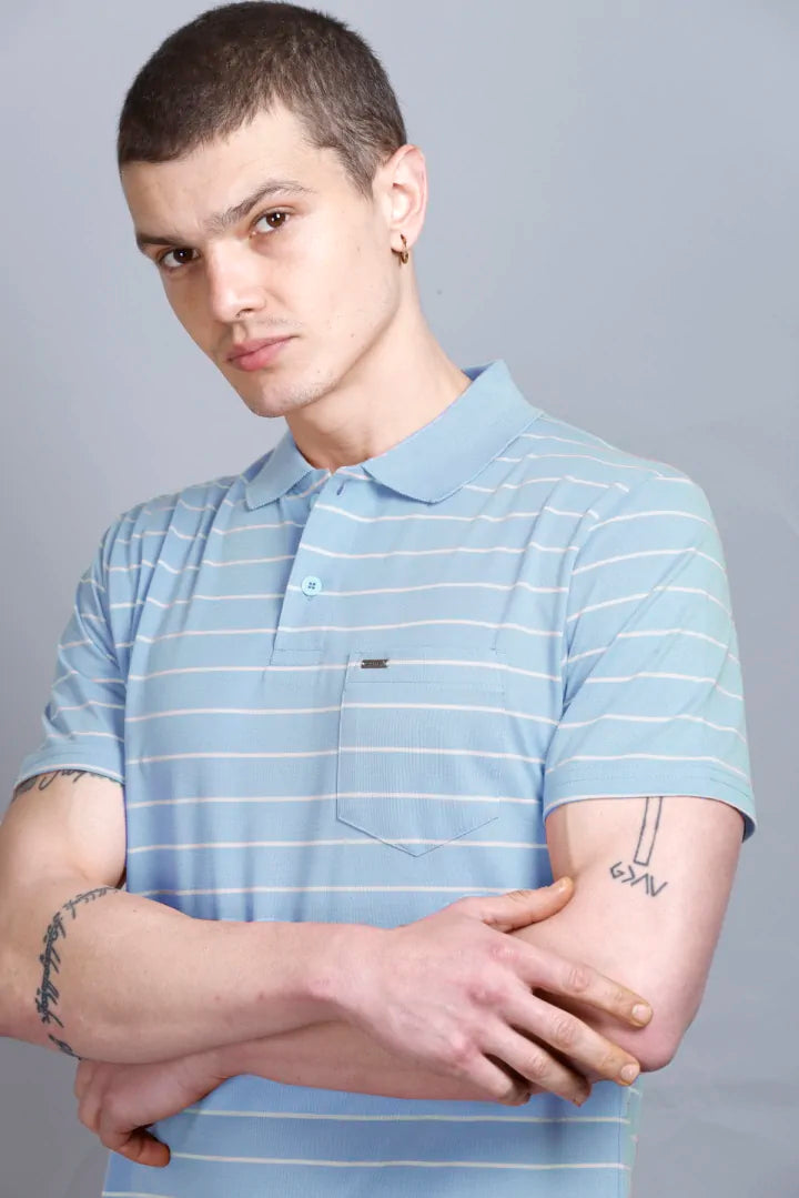 Sky Striped Men Half Tshirt Polo Neck With Pocket