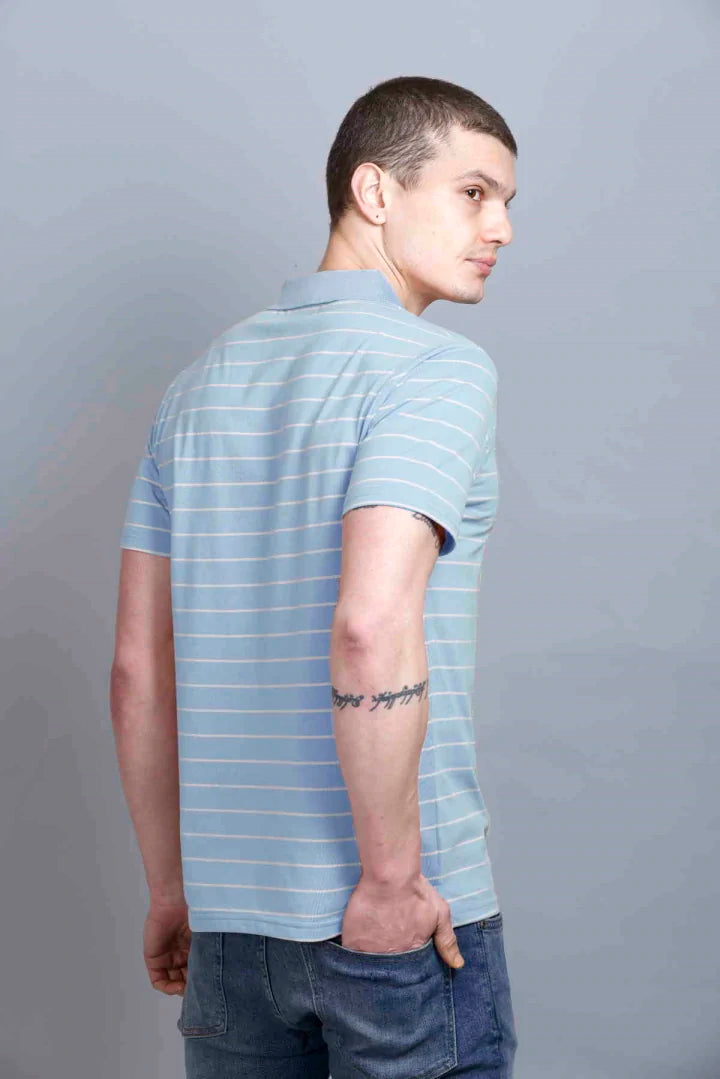 Sky Striped Men Half Tshirt Polo Neck With Pocket