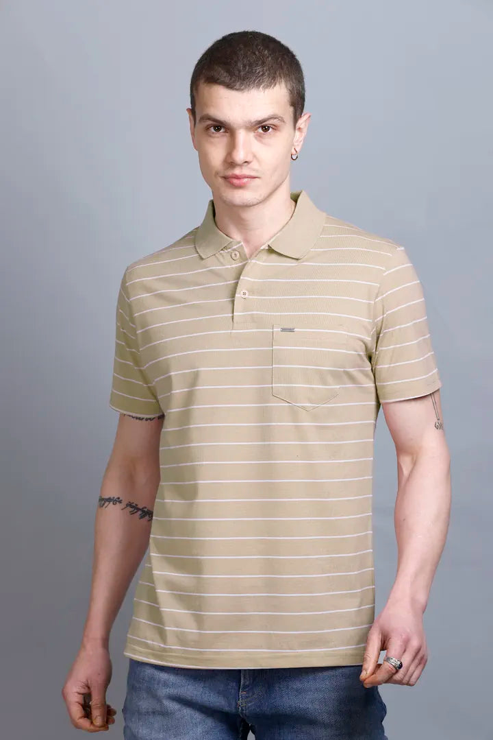 Sand Stone Striped Half Sleeve Men Polo T-Shirt With Pocket