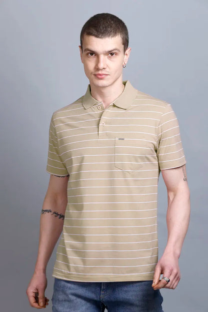 Sand Stone Striped Half Sleeve Men Polo T-Shirt With Pocket