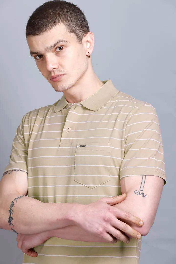 Sand Stone Striped Half Sleeve Men Polo T-Shirt With Pocket