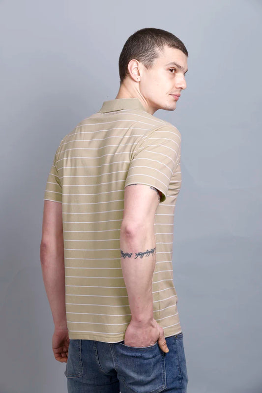 Sand Stone Striped Half Sleeve Men Polo T-Shirt With Pocket