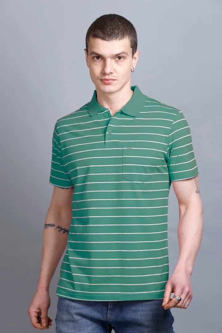 Turquoise Striped Half Sleeve Polo T-Shirt With Pocket