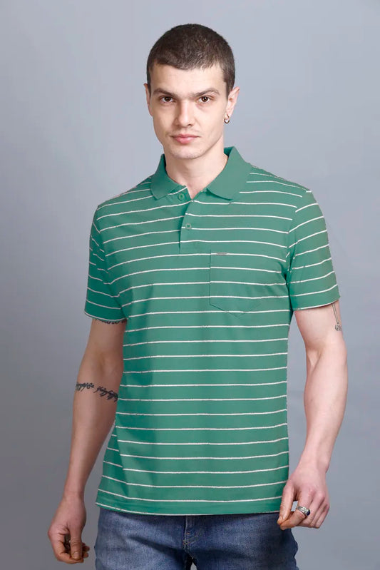 Turquoise Striped Half Sleeve Polo T-Shirt With Pocket