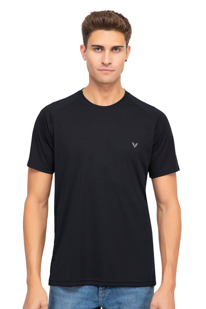 Black Raglan Sleeves Solid Round Neck Dri Fit Men T-Shirt