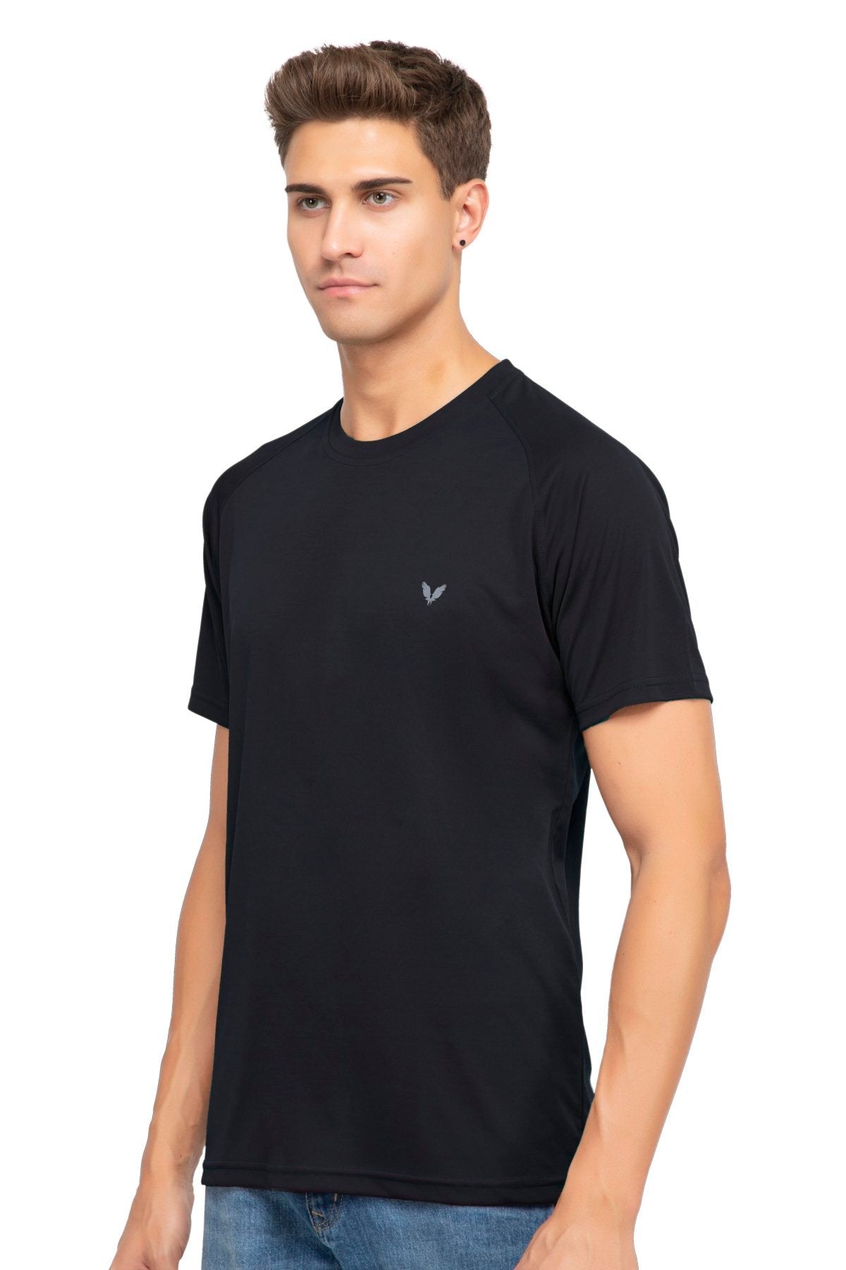 Black Raglan Sleeves Solid Round Neck Dri Fit Men T-Shirt