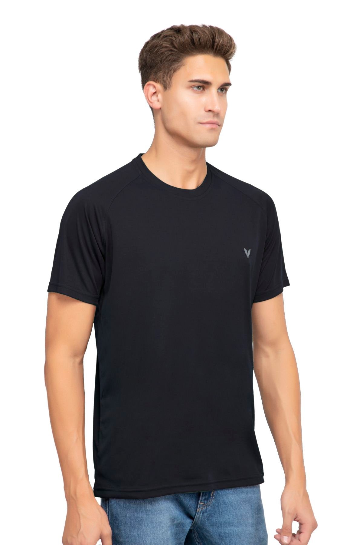Black Raglan Sleeves Solid Round Neck Dri Fit Men T-Shirt