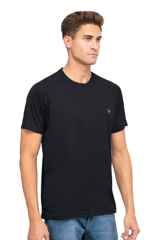 Black Raglan Sleeves Solid Round Neck Dri Fit Men T-Shirt