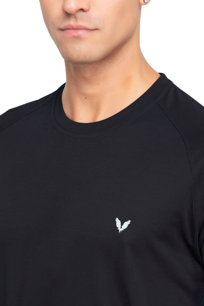Black Raglan Sleeves Solid Round Neck Dri Fit Men T-Shirt
