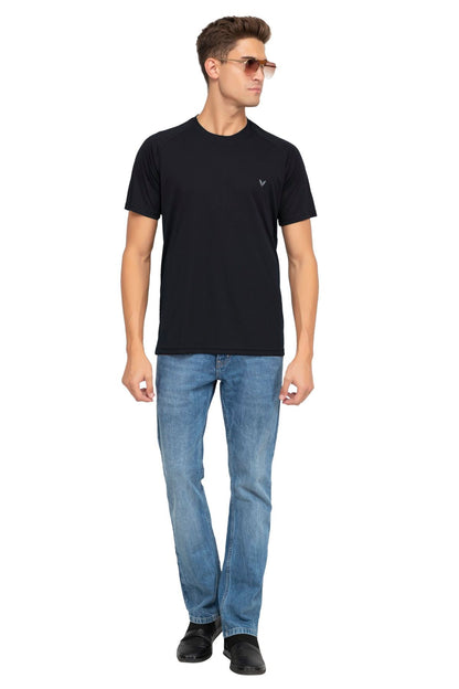 Black Raglan Sleeves Solid Round Neck Dri Fit Men T-Shirt
