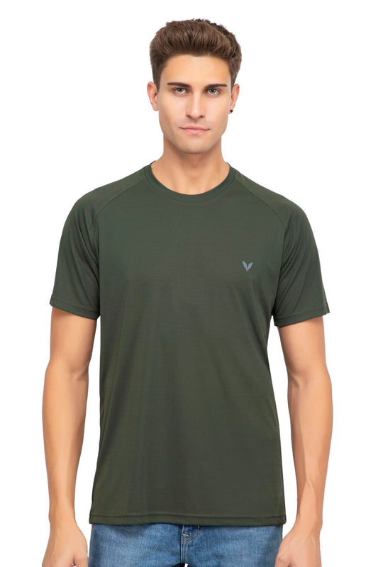 Olive Raglan Sleeves Solid Round Neck Dri Fit Men T-Shirt