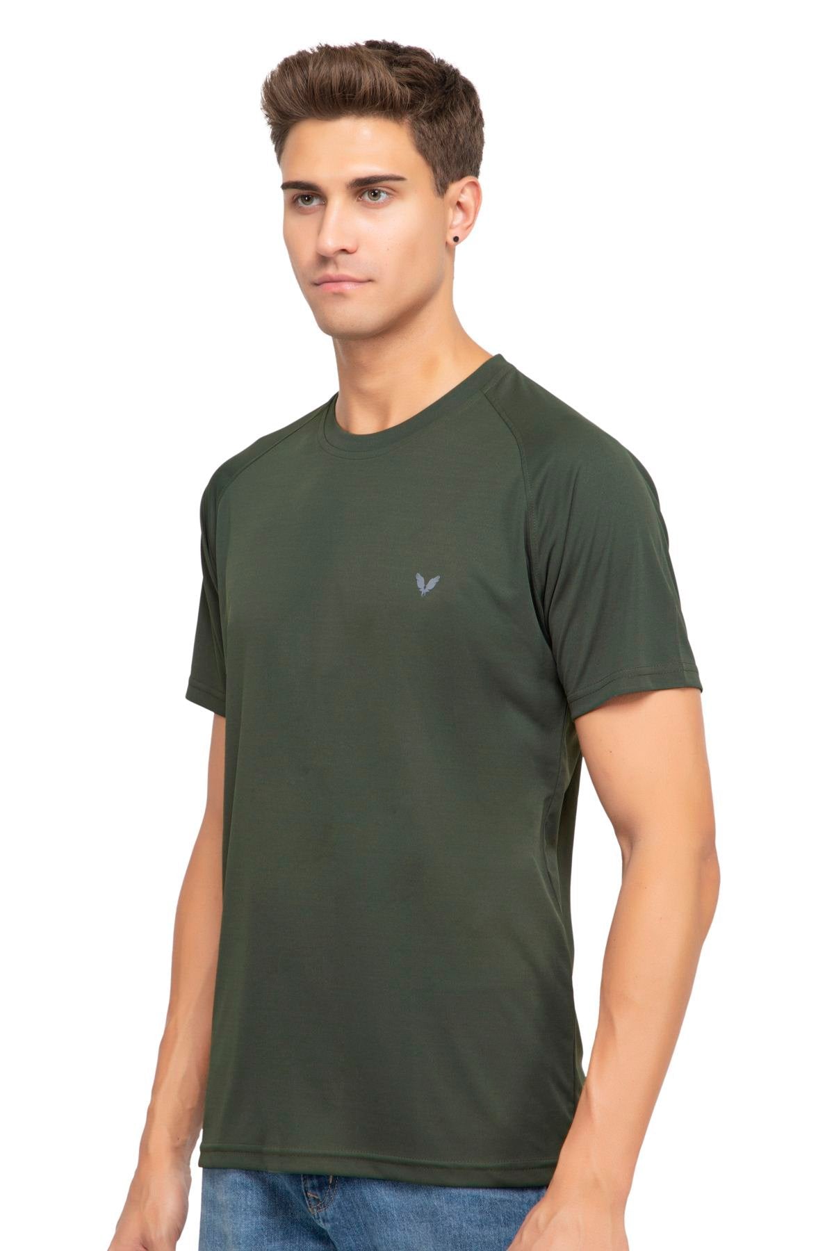 Olive Raglan Sleeves Solid Round Neck Dri Fit Men T-Shirt