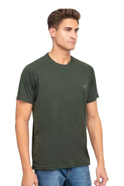 Olive Raglan Sleeves Solid Round Neck Dri Fit Men T-Shirt