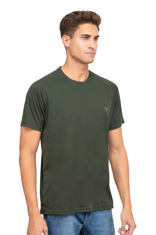 Olive Raglan Sleeves Solid Round Neck Dri Fit Men T-Shirt